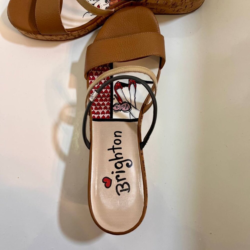 Brighton Harper Tan Beige Glam Cork Wedge Slip On Strappy Sandals Size 9.5 - Picture 11 of 14